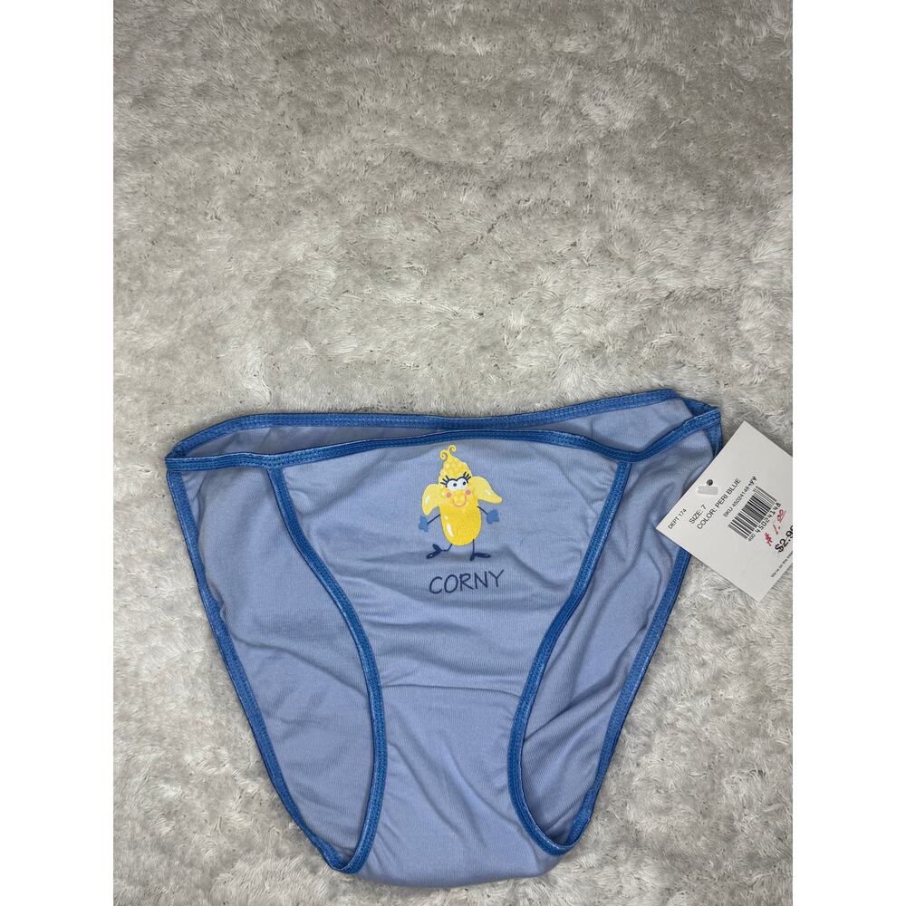 Soft Sensations Corny Graphic Bikini Panty Blue Size 7 NWT